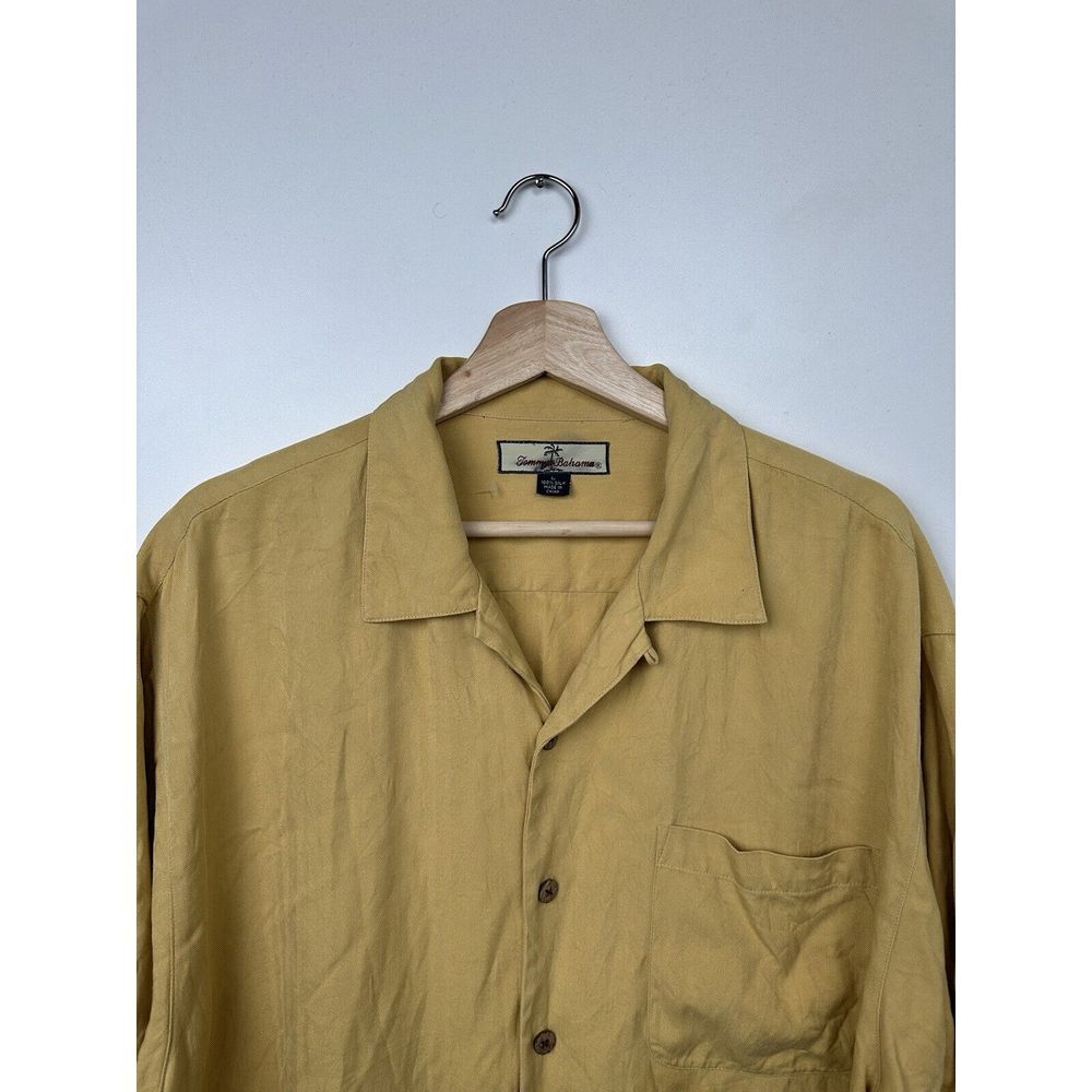 Tommy Bahamas Shirt Men Large Yellow Button Down Collared Silk‎ Solid Hawaii